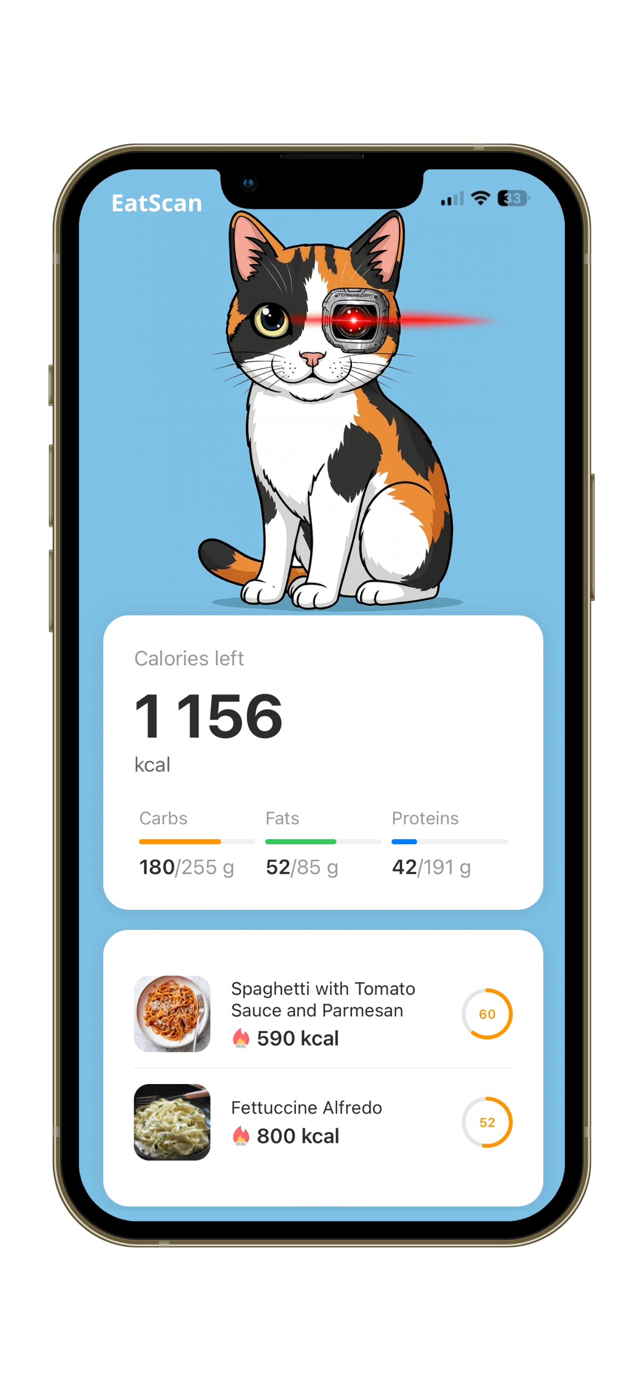 smartphone app interface showing food analysis with nutritional breakdown and AI chat feature, modern clean UI design