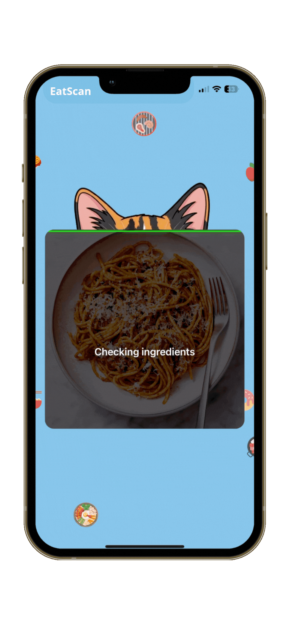smartphone app scanning food plate with AI nutritional analysis overlay showing calories, proteins, fats, carbs in a modern clean design
